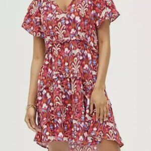 Anthropologie Robin Tiered V Neck Dress Red Print Sz S